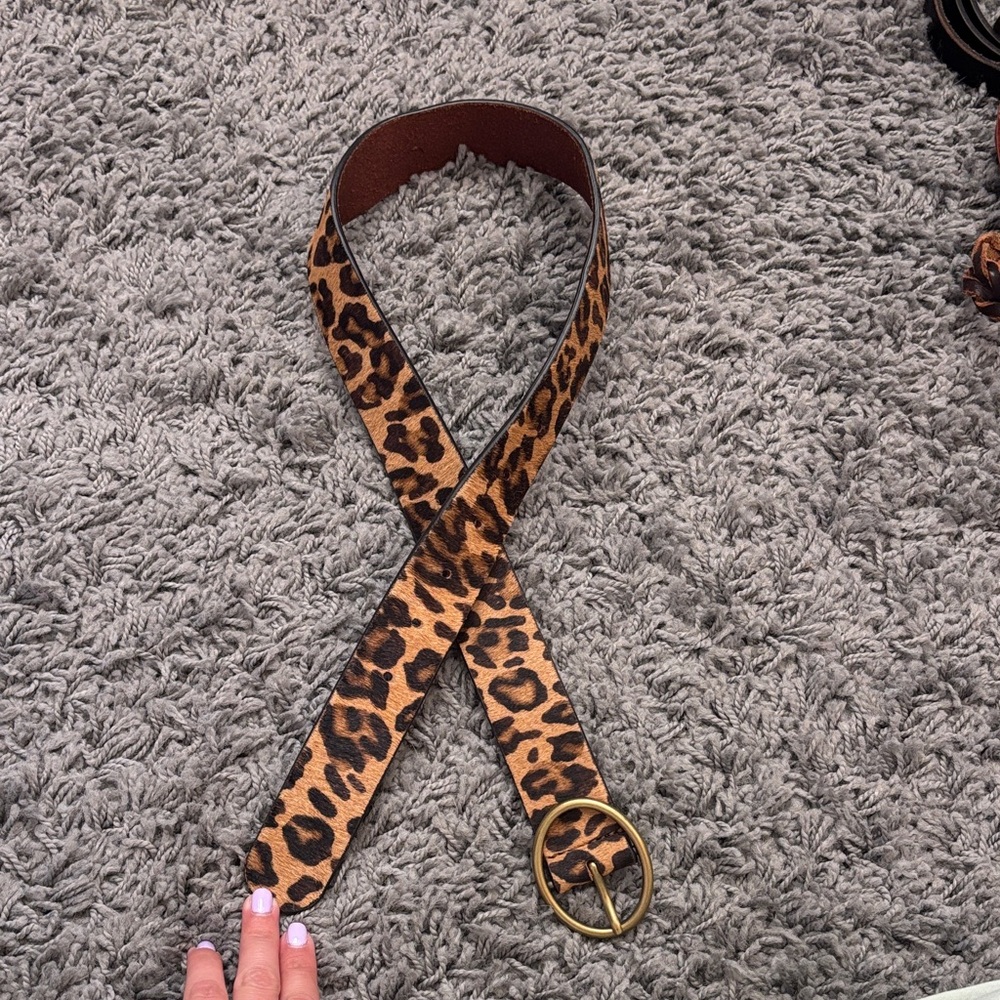 American Eagle Outfitters Leopard Print Belt with Brass Round Buckle